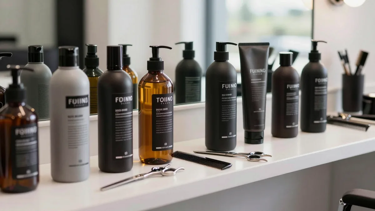 整然と並ぶメンズヘアケア用品(髪型・ヘアケアのイメージ)