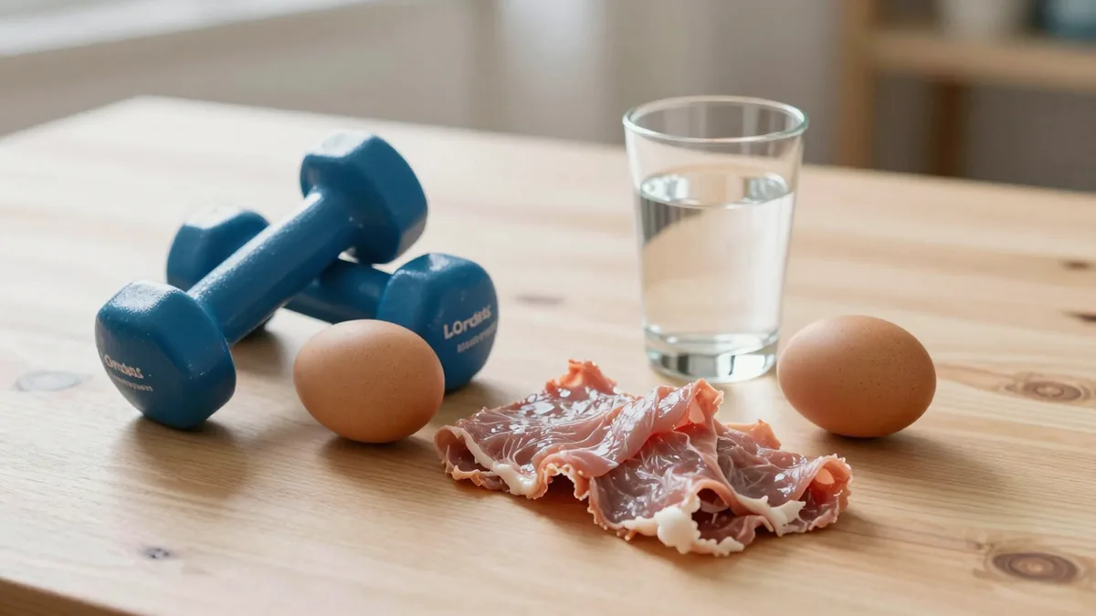 ダンベルと卵・赤身肉・水(テストステロンを高める運動と食事のイメージ)