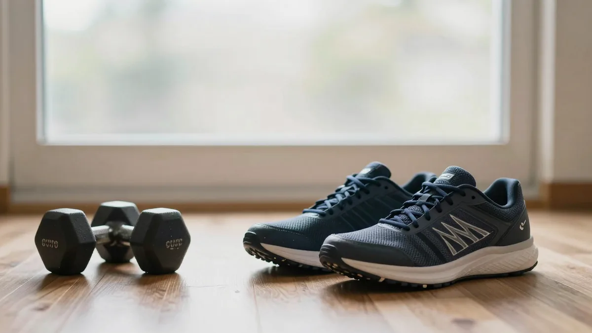 朝の窓辺のランニングシューズとダンベル(健康的な生活習慣のイメージ)