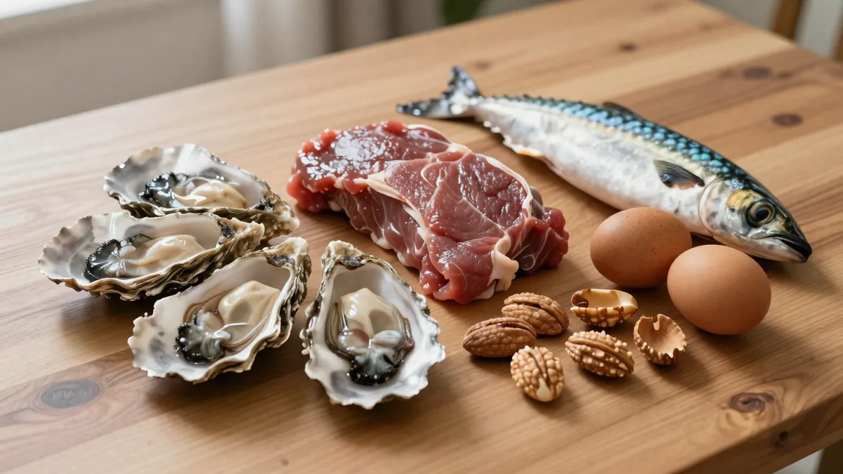牡蠣・赤身肉・卵・青魚・ナッツなど亜鉛やたんぱく質が豊富な食材